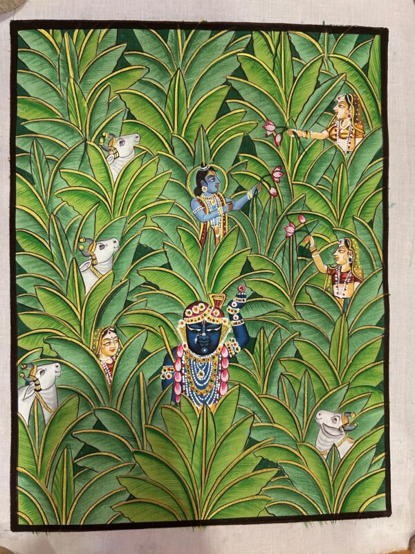 Krishna in the groves of Vrindavan 2×1.5 feet Pichwai painting